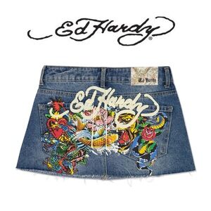 Ed Hardy🐯Multi Tattoo Denim Mini Skirt Y2K Logo NEW NWT